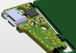 copie d'écran de la CAO électronique d'une carte électronique pour un produit grand public, la carte est à gauche de l'image